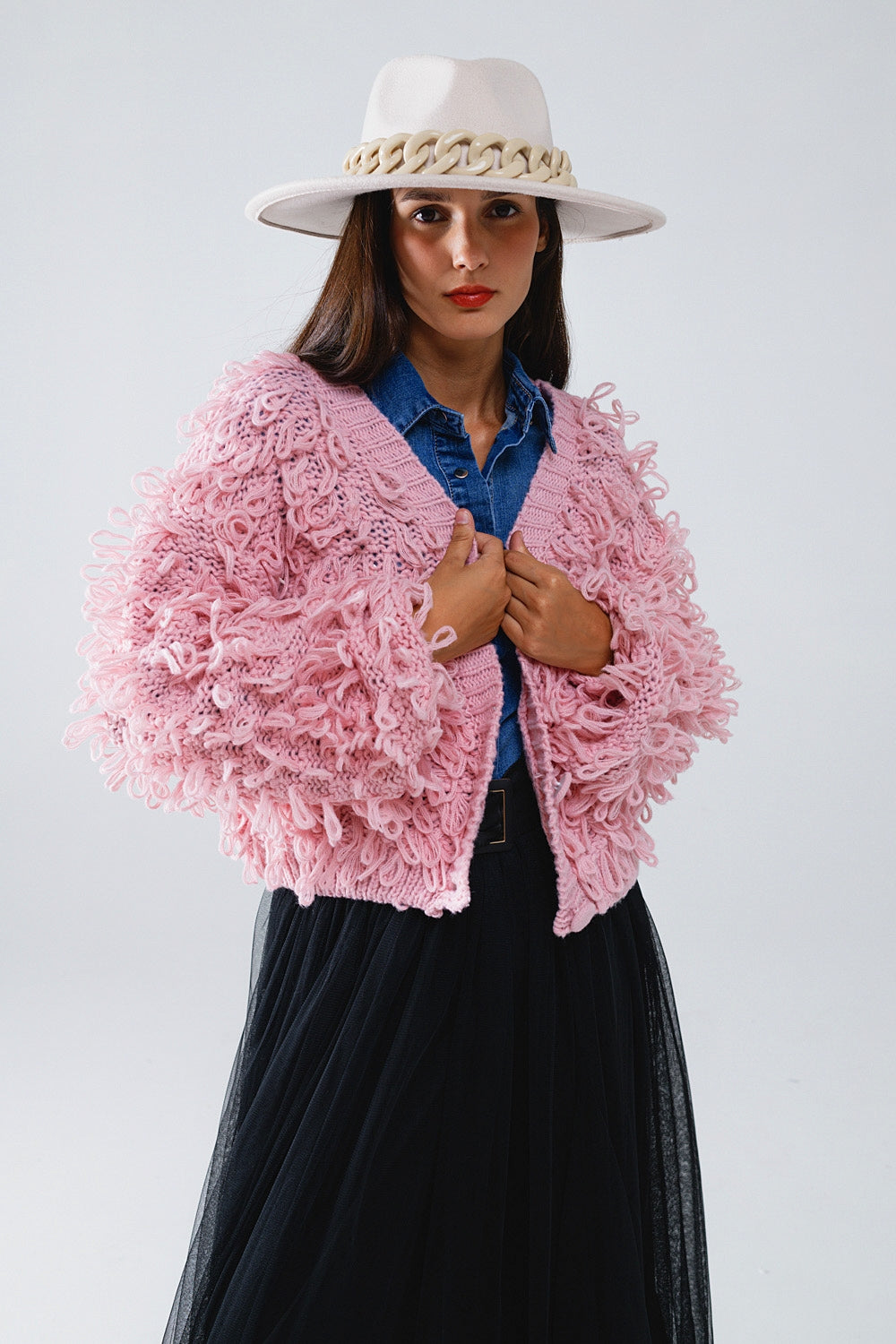 Q2 Cardigan a trama grossa in rosa con frange lunghe