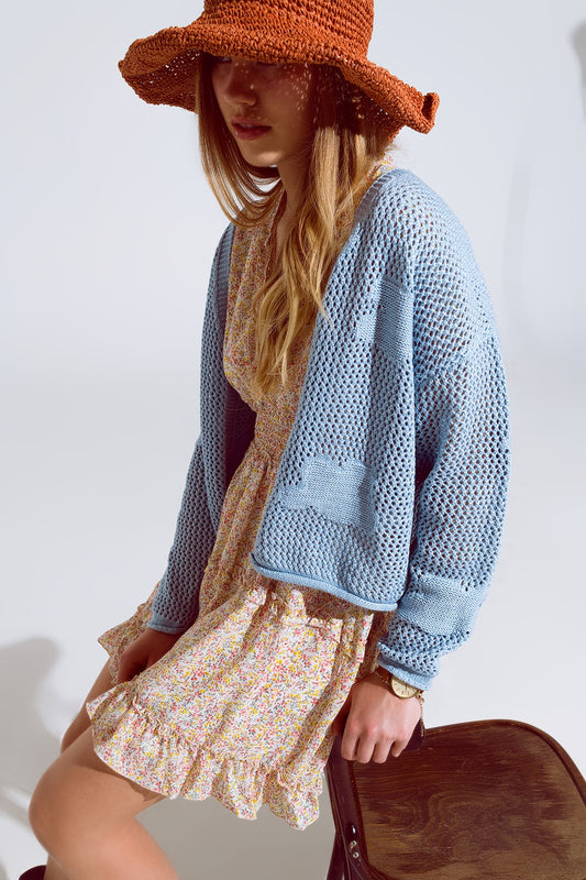 Q2 Cardigan all'uncinetto con nuvole lavorate a maglia in blu