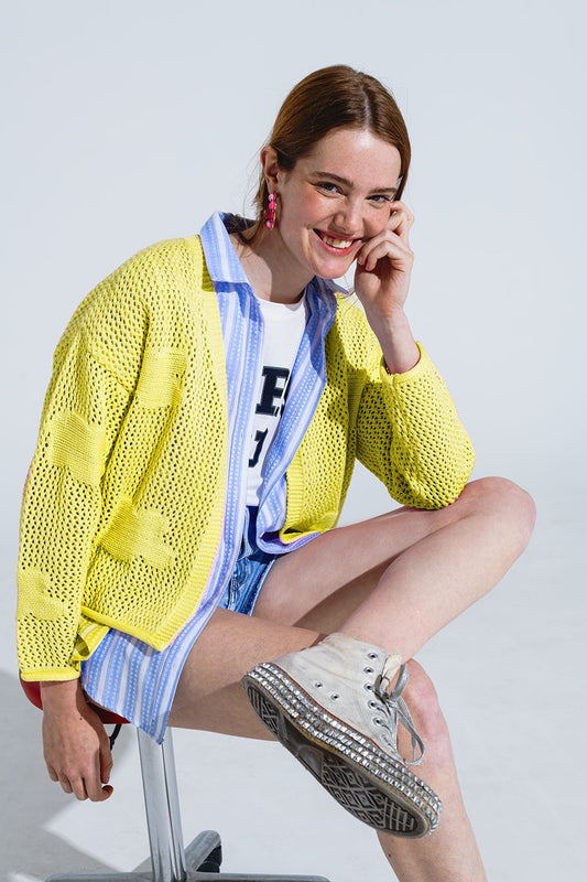 Q2 Cardigan all'uncinetto con nuvole lavorate a maglia in giallo