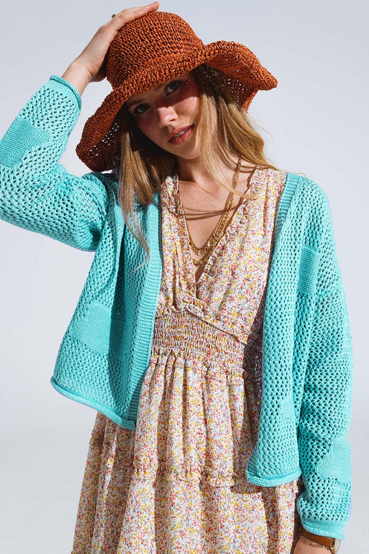 Q2 Cardigan all'uncinetto con nuvole lavorate a maglia in turchese chiaro