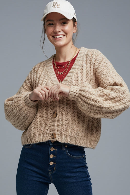 Q2 Cardigan aperto a maglia grossa in beige scuro