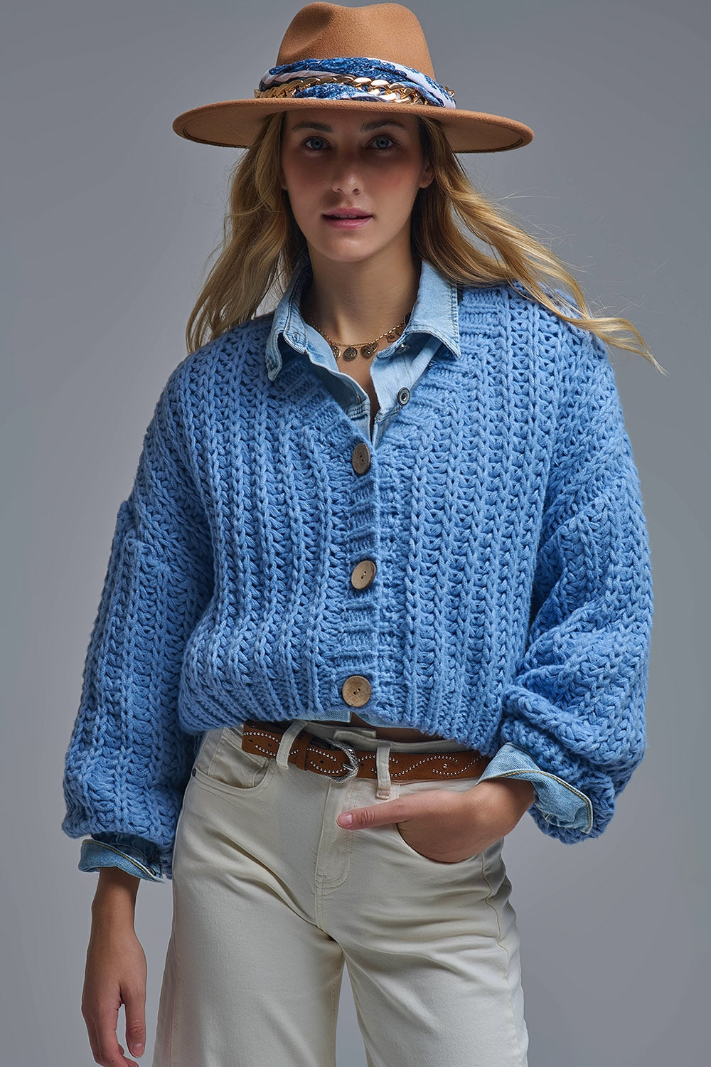 Q2 Cardigan aperto a maglia grossa in blu