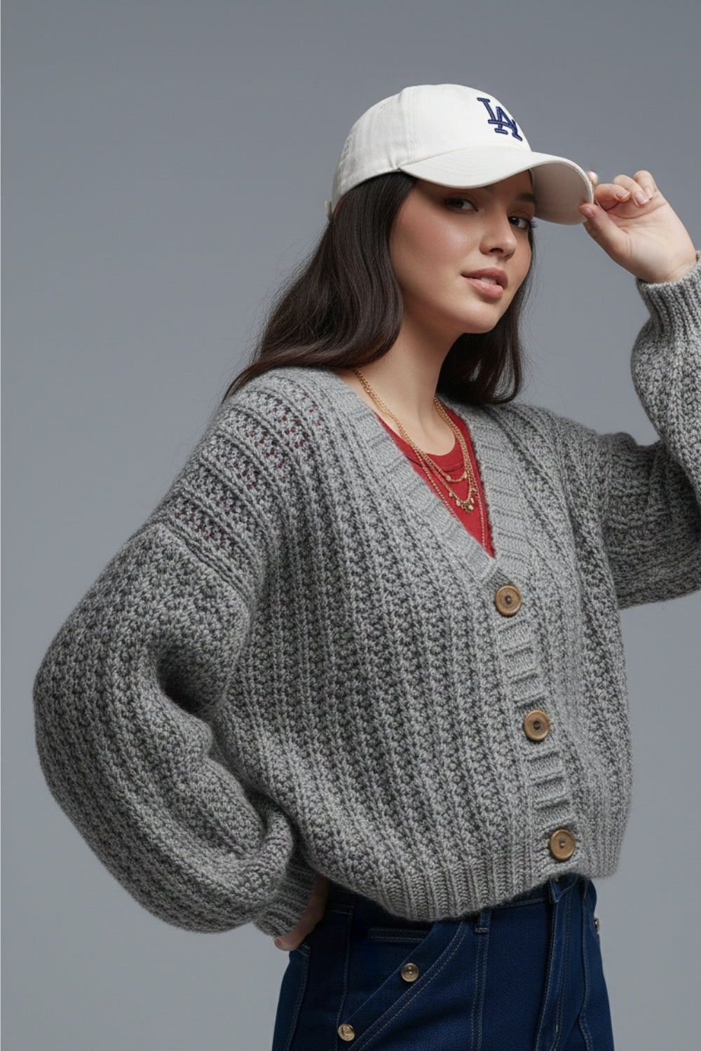Cardigan aperto a maglia grossa in grigio con bottoni
