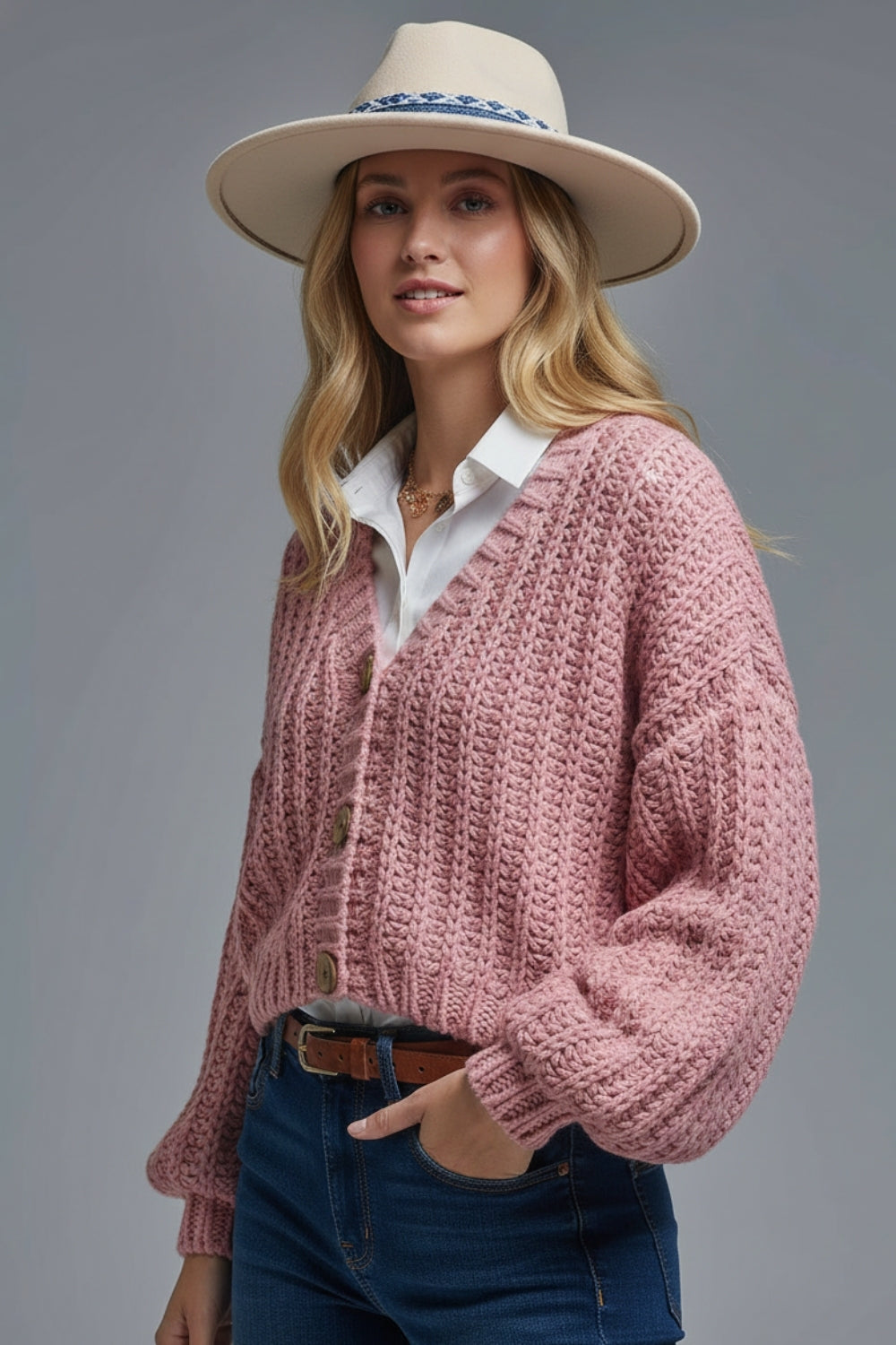 Cardigan aperto a maglia grossa in rosa con maniche rilassate