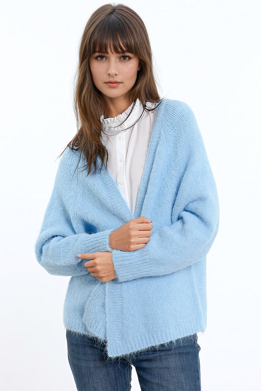 Q2 Cardigan aperto in maglia morbida e rilassata di colore blu baby con bordi e polsini a coste