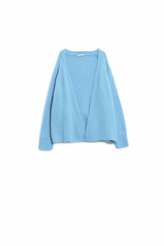 Cardigan aperto in maglia morbida e rilassata di colore blu baby con bordi e polsini a coste