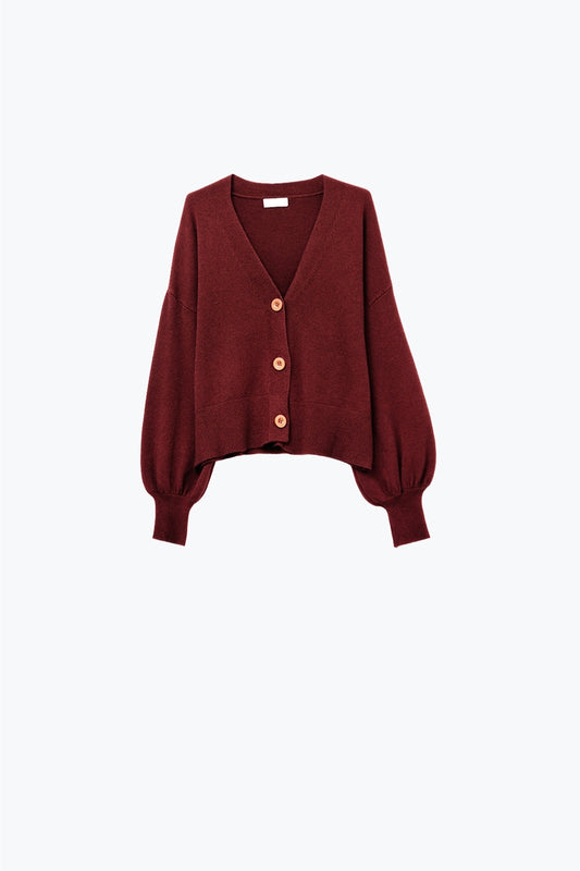 Q2 Cardigan basic con scollo a V e manica lunga in bordeaux