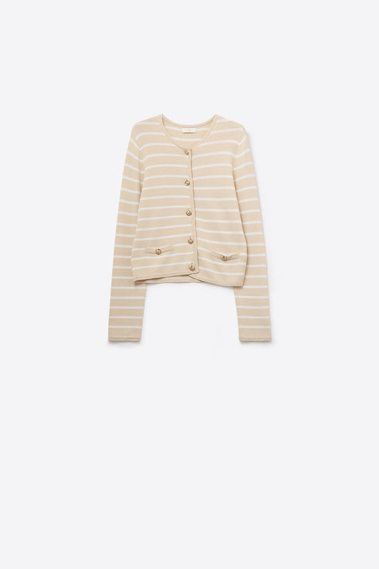 Q2 Cardigan beige con strisce bianche e bottoni dorati