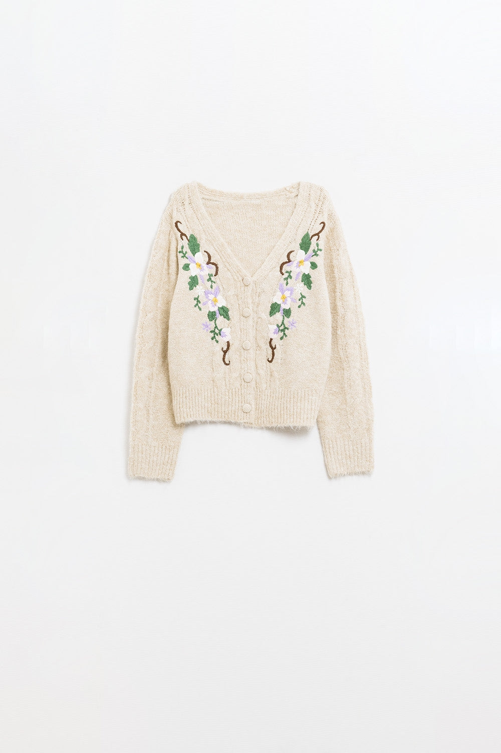 Q2 Cardigan beige in maglia a cavo con fiori ricamati