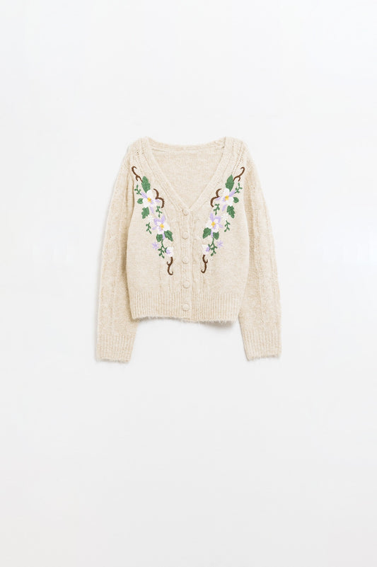 Q2 Cardigan beige in maglia a cavo con fiori ricamati