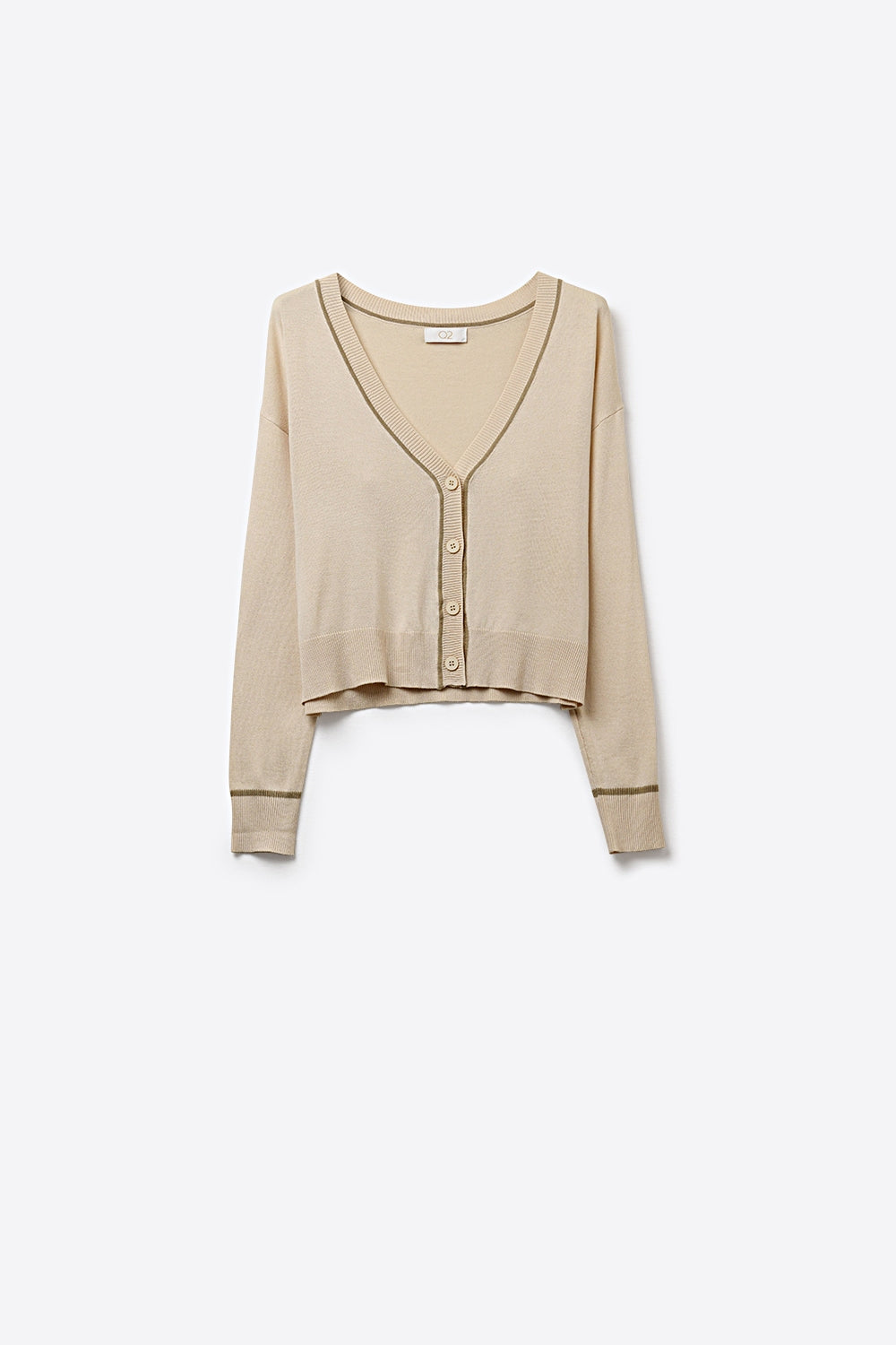 Q2 Cardigan beige in maglia fine con rifiniture a contrasto in marrone