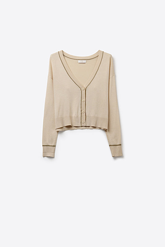 Q2 Cardigan beige in maglia fine con rifiniture a contrasto in marrone