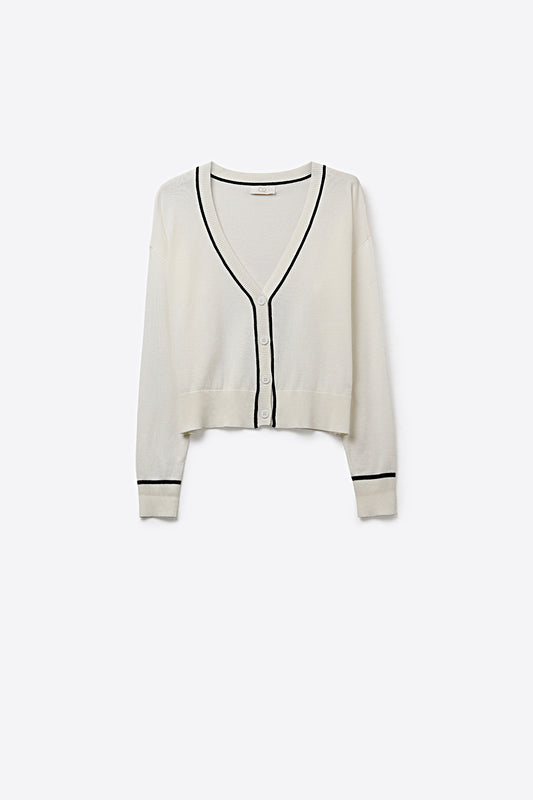 Q2 Cardigan bianco a maglia fine con rifiniture a contrasto in nero