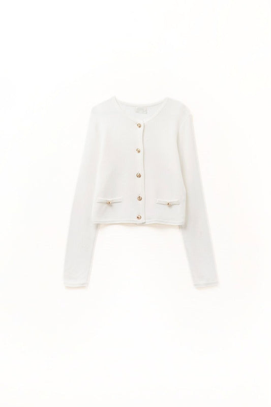 Q2 Cardigan bianco con bottoni dorati