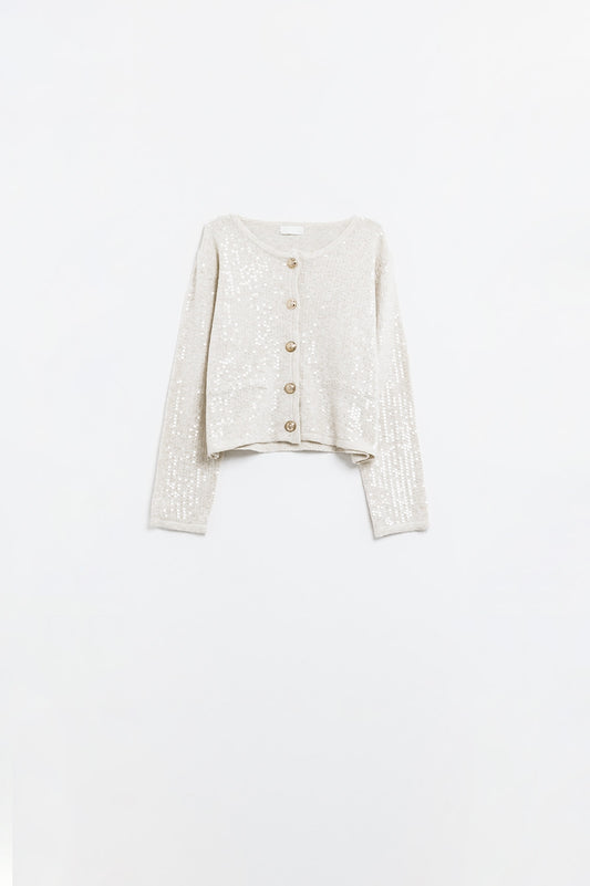 Q2 cardigan bianco in maglia grossa con paillettes