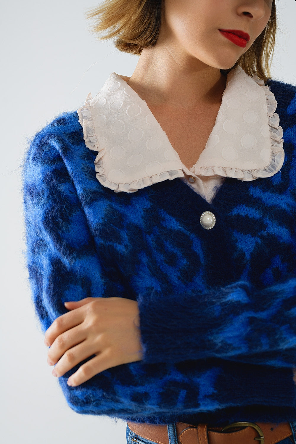 cardigan blu con stampa leopardata in tessuto lavorato a maglia con lana