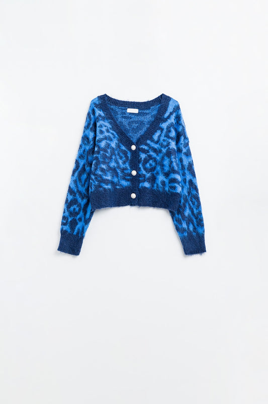 cardigan blu con stampa leopardata in tessuto lavorato a maglia con lana