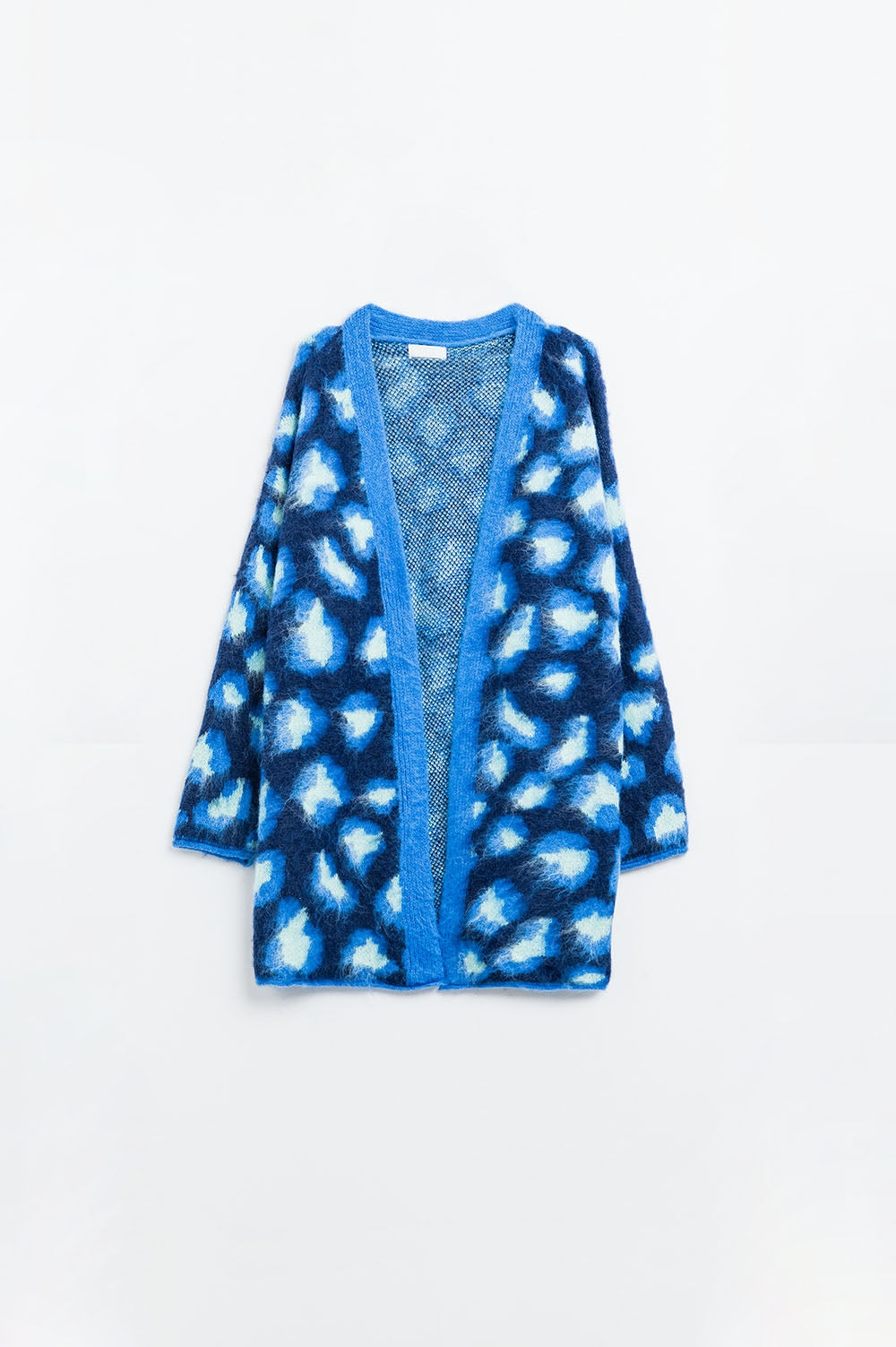 Cardigan blu con stampa leopardo e lana