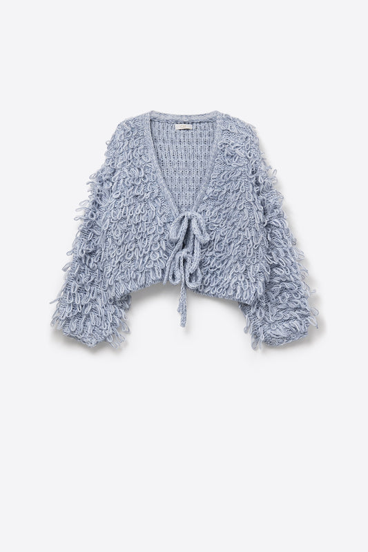 Q2 Cardigan blu in maglia grossa con scollo a V e chiusura frontale con fiocco