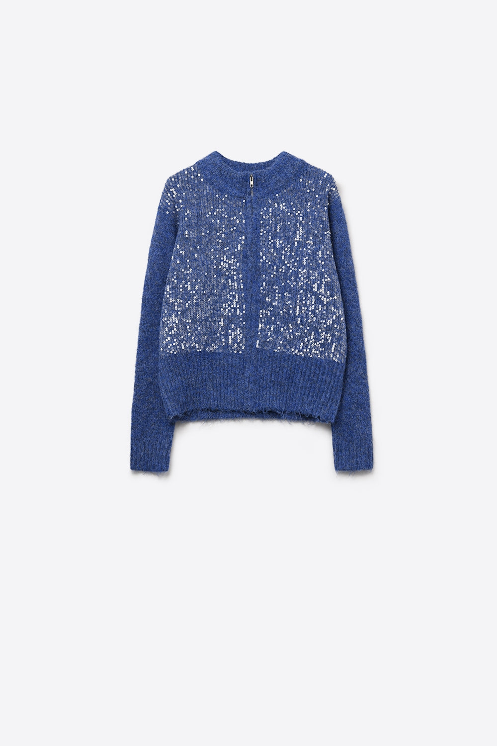 Q2 Cardigan blu in maglia soffice con paillettes e chiusura a cerniera