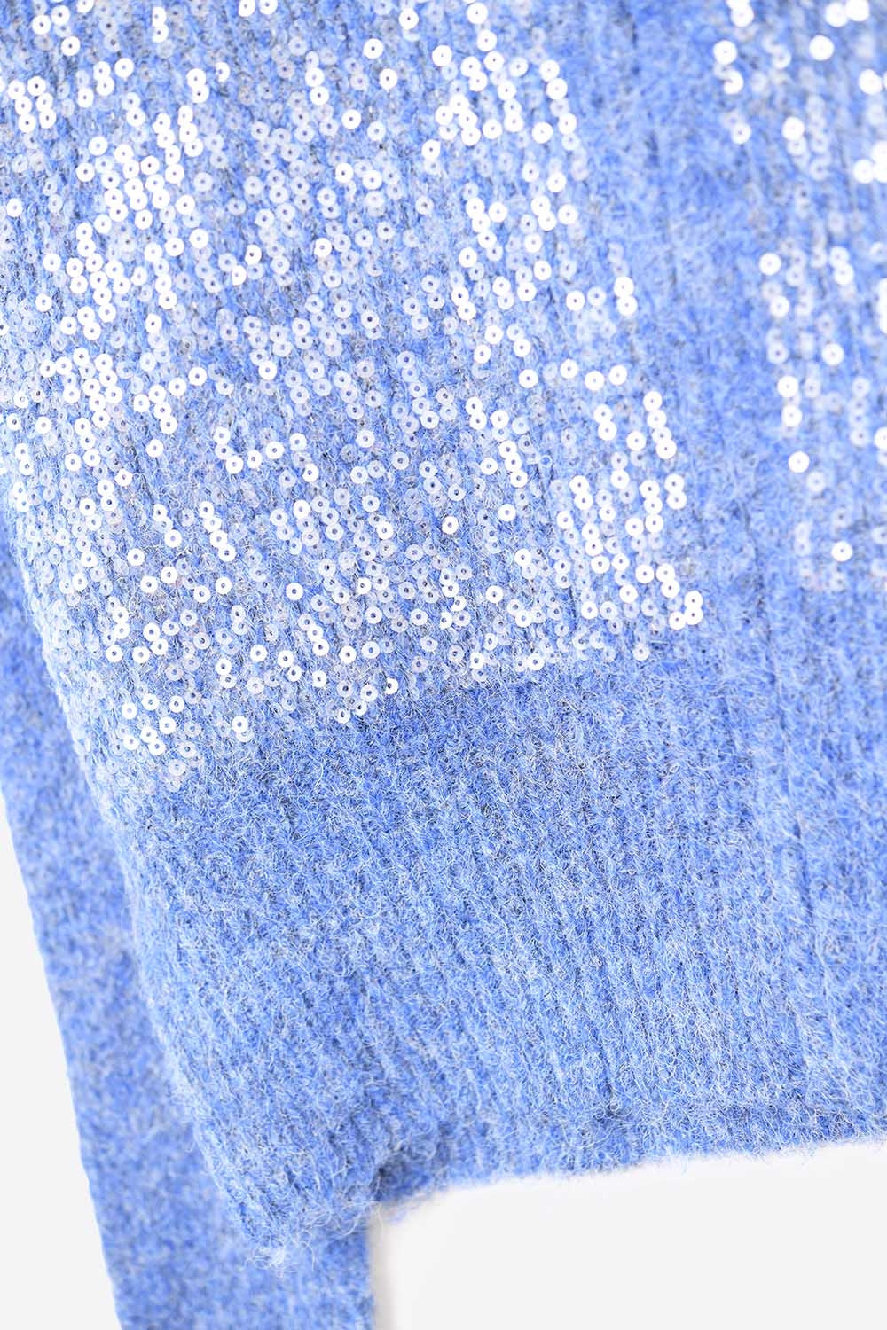 Cardigan blu in maglia soffice con paillettes e chiusura a cerniera