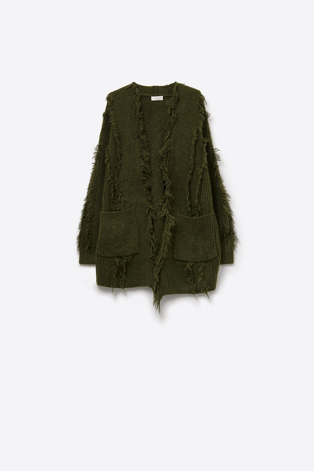 Q2 Cardigan bohémien verde bosco con tasche frontali