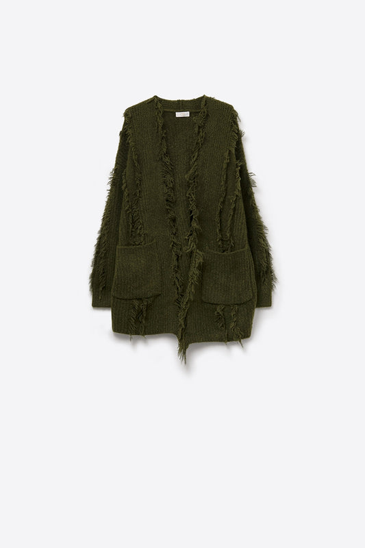 Q2 Cardigan bohémien verde bosco con tasche frontali