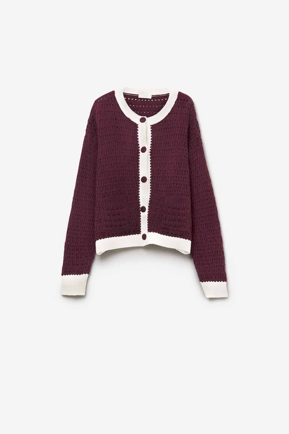 Q2 Cardigan bordeaux a maglia aperta con finiture a contrasto