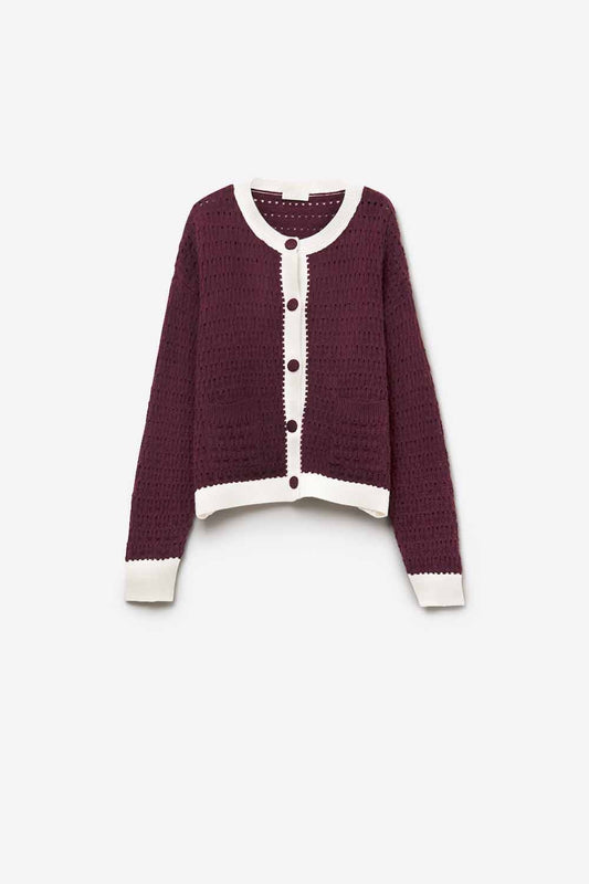 Q2 Cardigan bordeaux a maglia aperta con finiture a contrasto