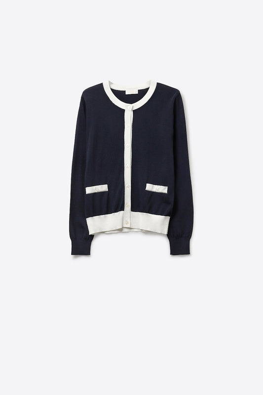 Q2 Cardigan con abbottonatura blu navy e inserti bianchi