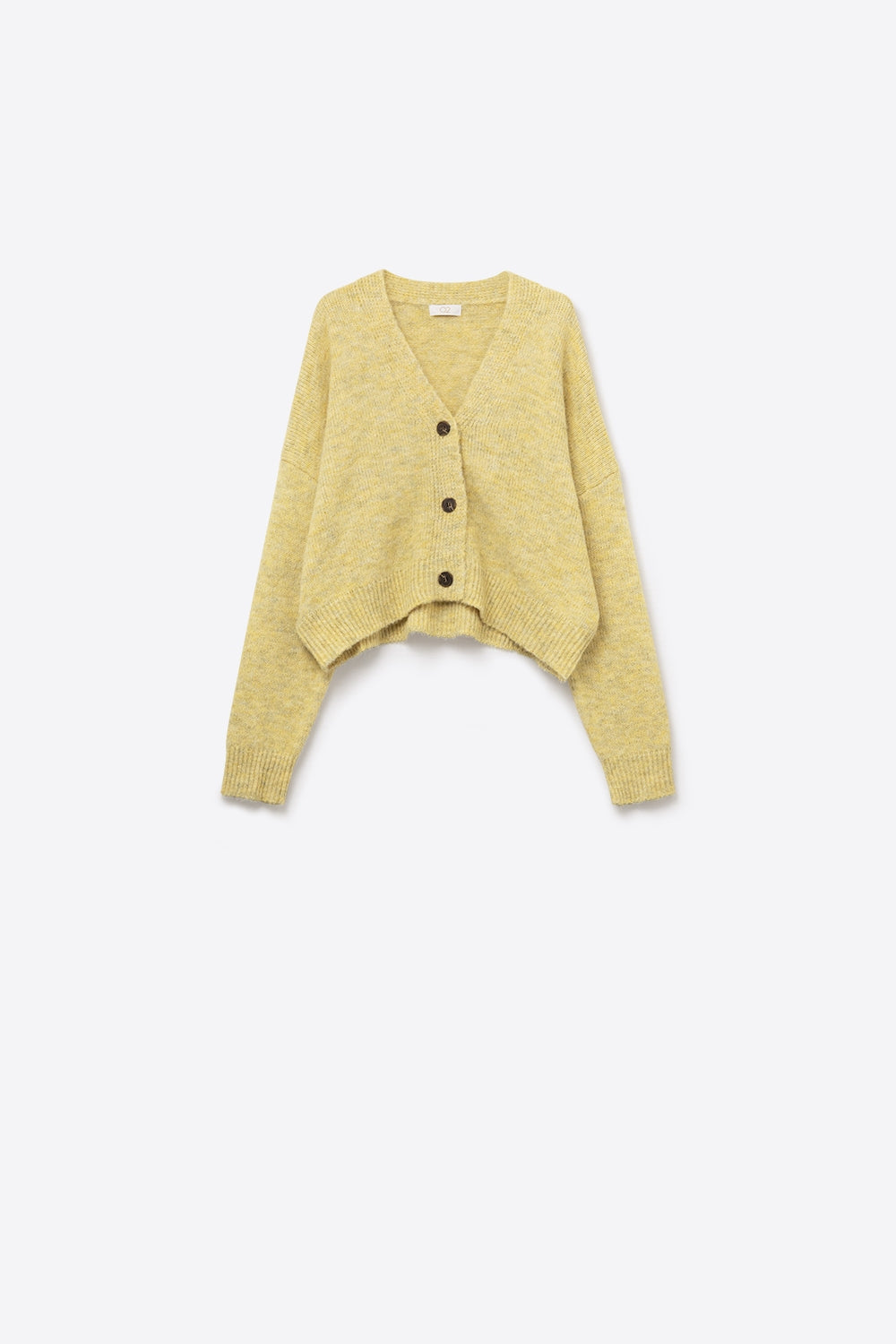 Cardigan con scollo a V e abbottonatura gialla di base in soffice maglia