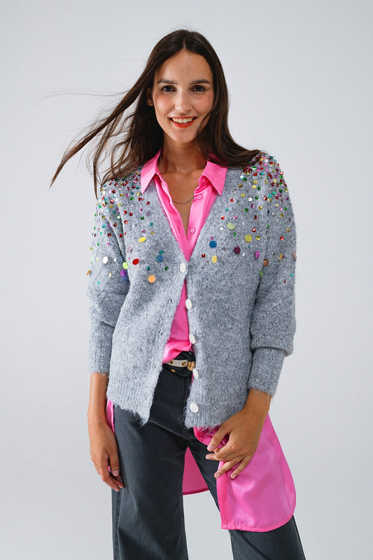 Q2 Cardigan con scollo a V e ricamo di paillettes multicolore in grigio