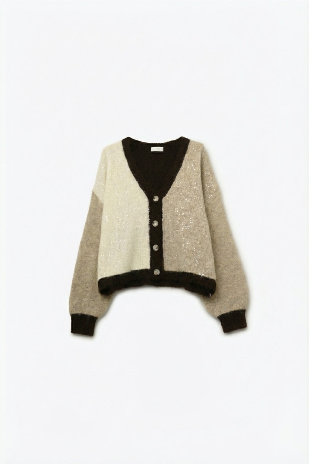 Q2 Cardigan con scollo a V in paillettes color-block nei colori beige e marrone