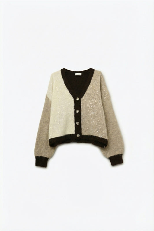 Q2 Cardigan con scollo a V in paillettes color-block nei colori beige e marrone