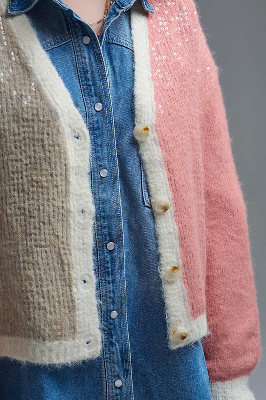 Cardigan con scollo a V in paillettes color-block