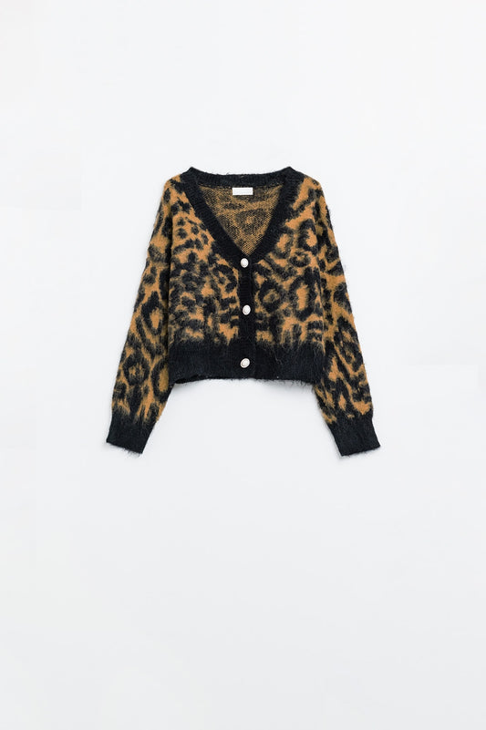 Cardigan con stampa leopardata in tessuto lavorato a maglia con lana color cammello
