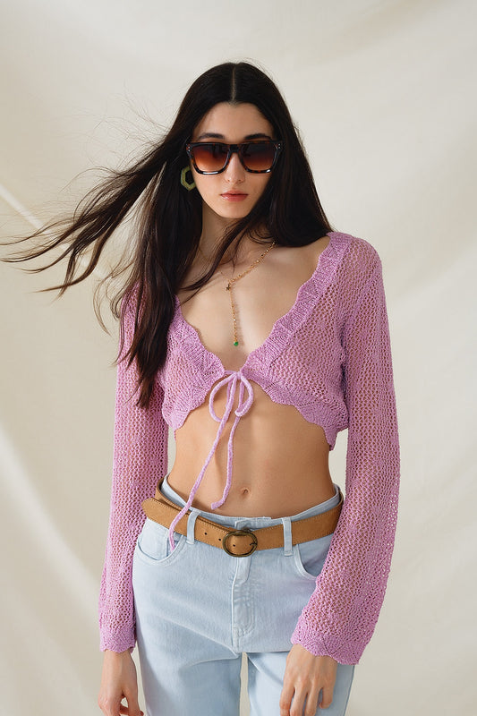 Q2 cardigan corto all'uncinetto lilla con dettagli in lurex