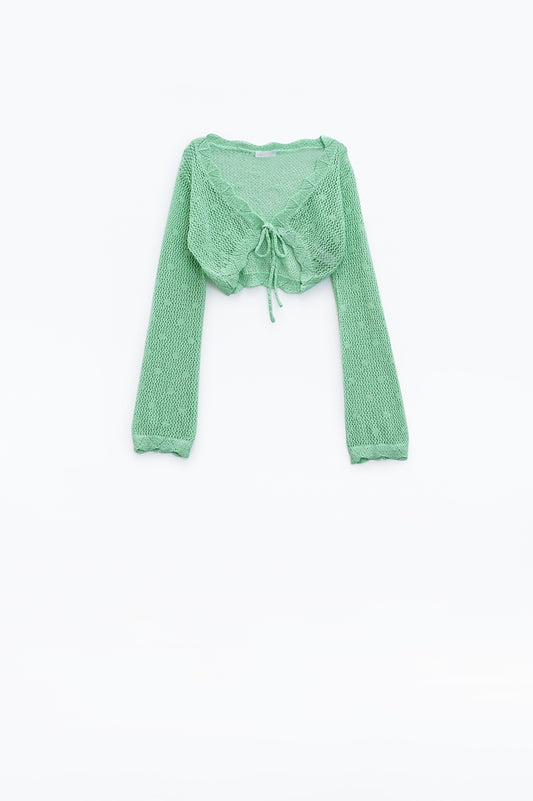 Q2 Cardigan corto all'uncinetto verde con dettagli in lurex