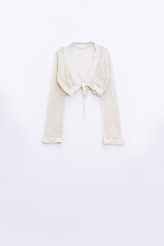 Q2 cardigan corto beige all'uncinetto con dettagli in lurex