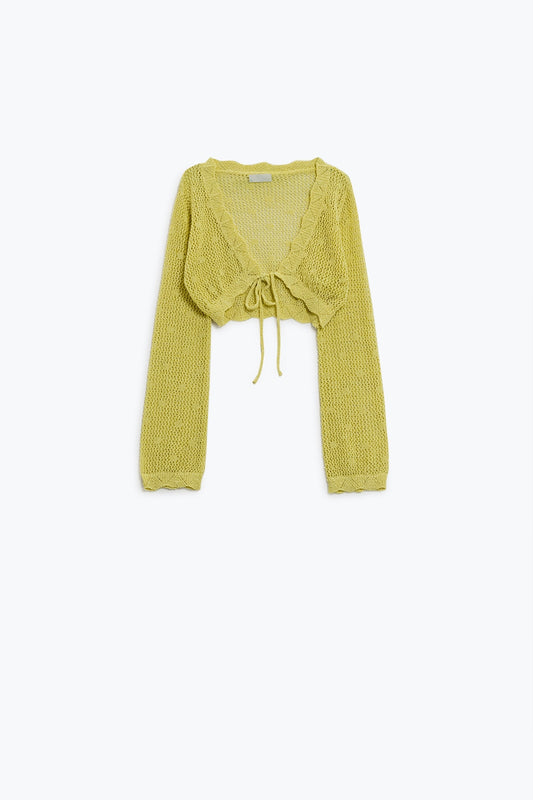 Q2 Cardigan corto giallo all'uncinetto con dettagli in lurex
