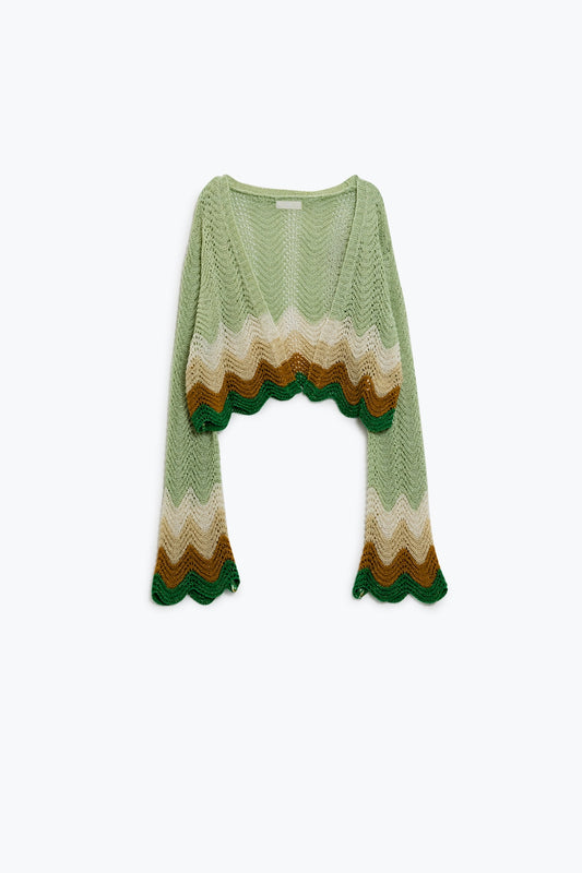 Q2 Cardigan corto in maglia con maniche ad angelo e dettaglio onda multicolore in verde