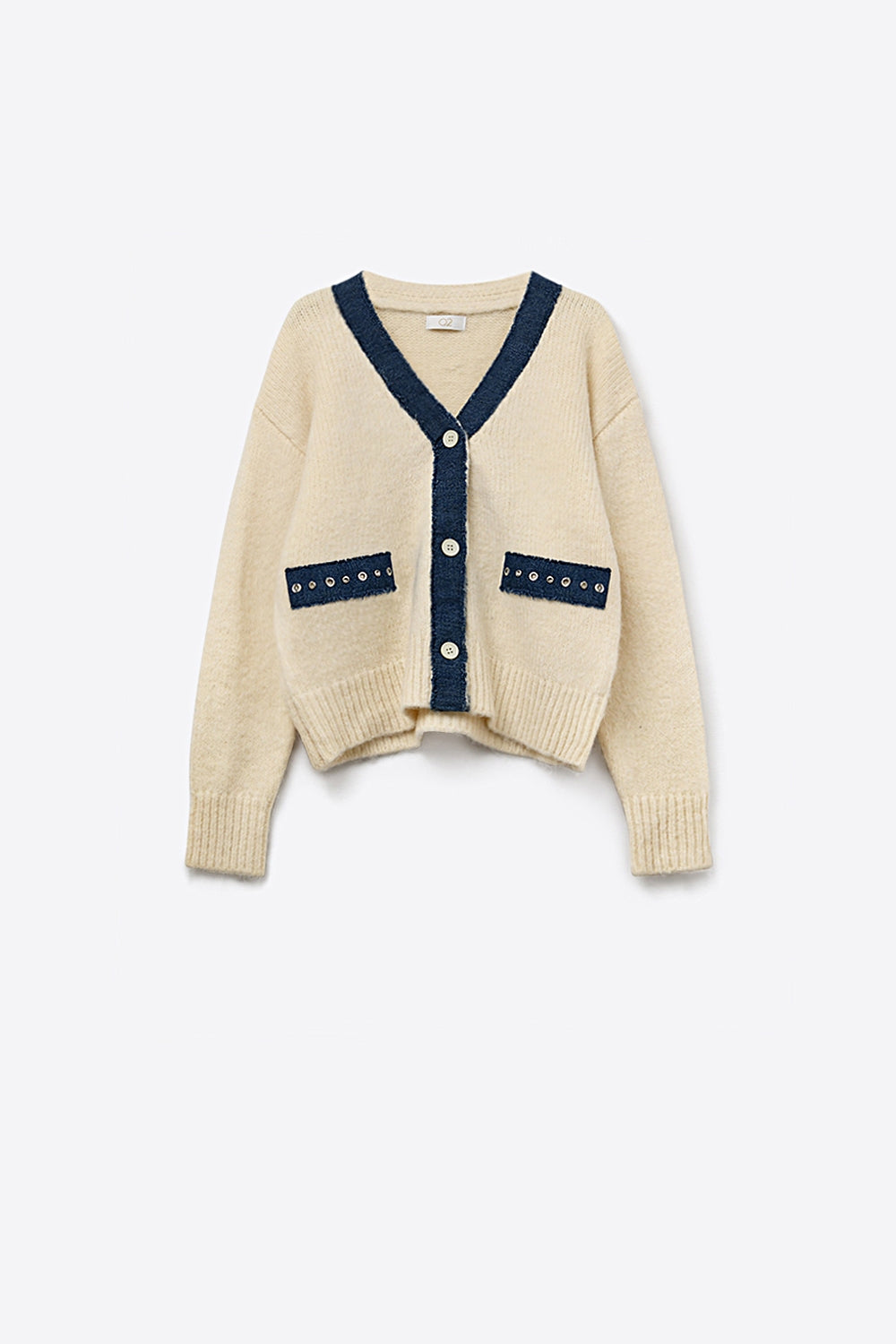Q2 Cardigan crema con dettagli in tessuto denim