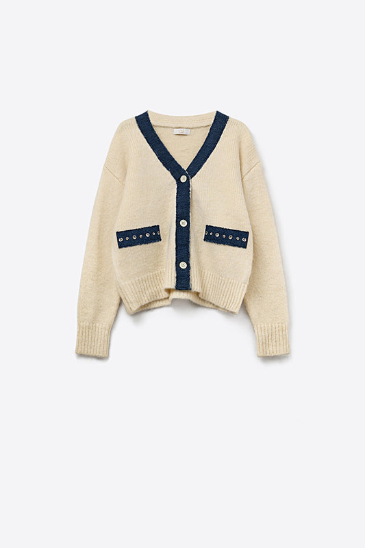 Q2 Cardigan crema con dettagli in tessuto denim