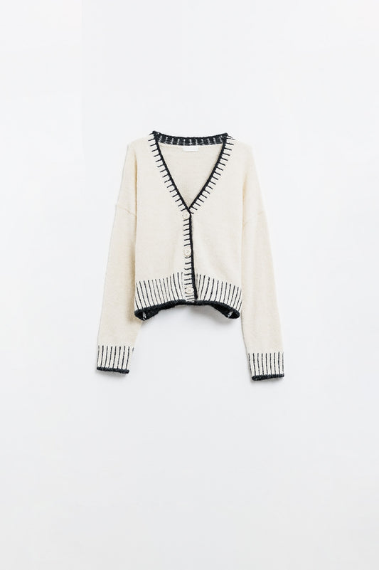 Q2 Cardigan crema con finiture nere