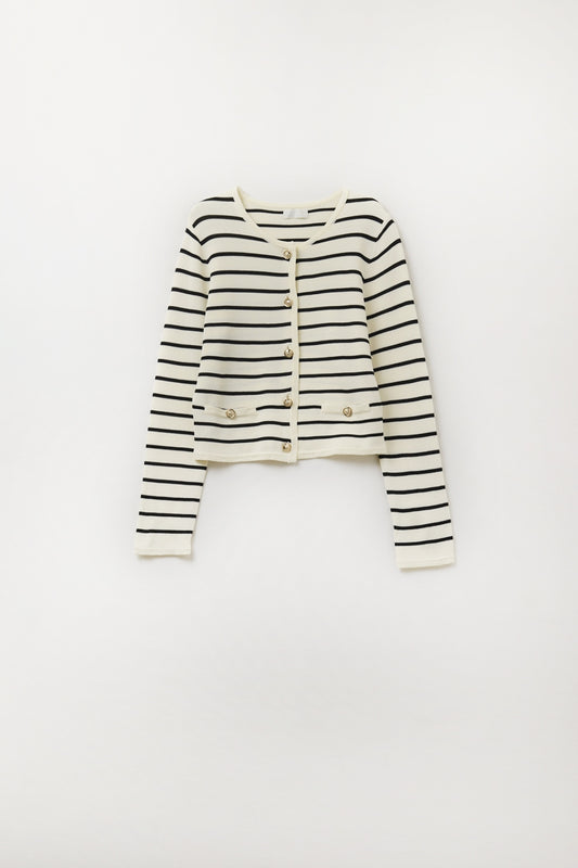 Q2 Cardigan crema con strisce nere e bottoni dorati