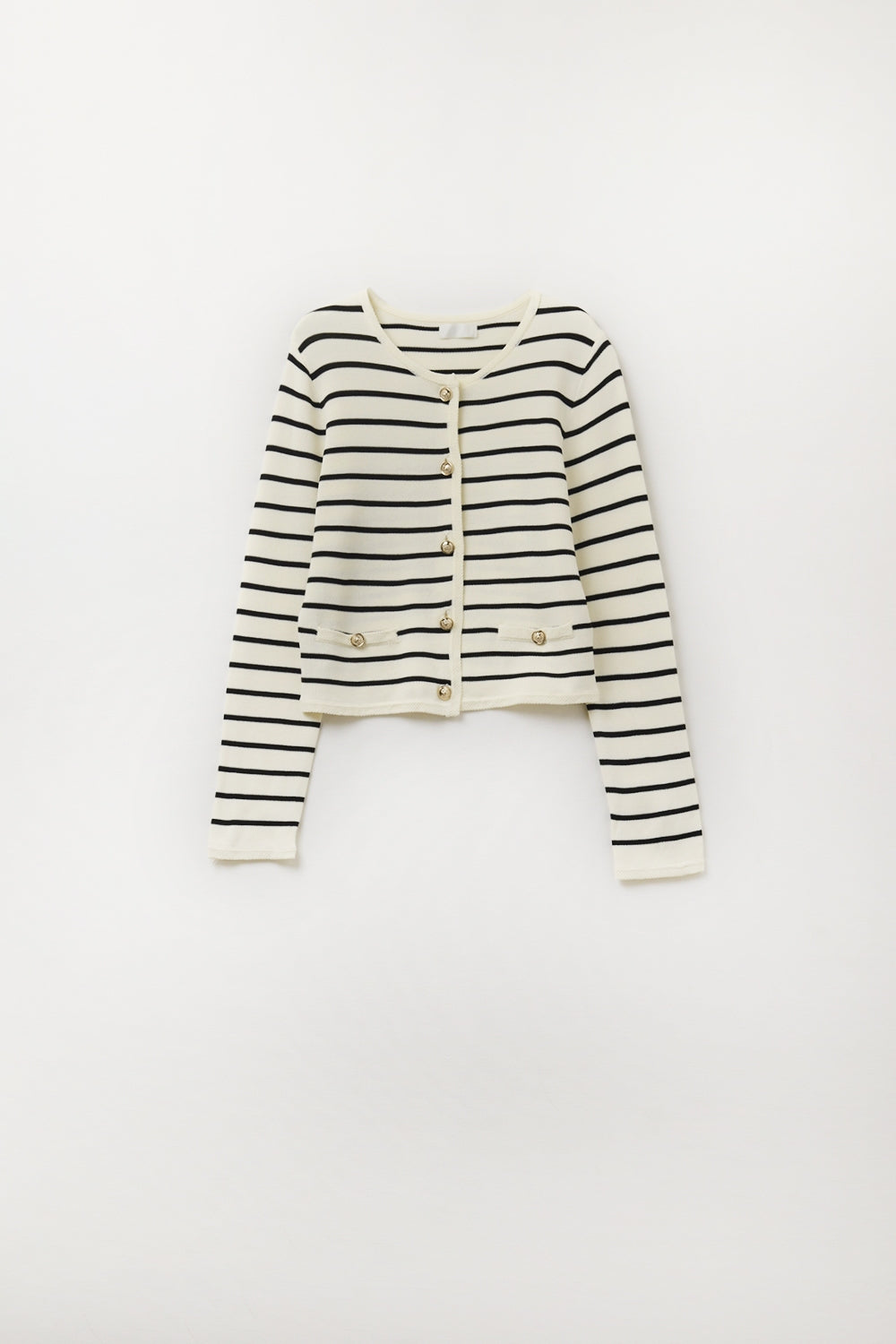 Cardigan crema con strisce nere e bottoni dorati