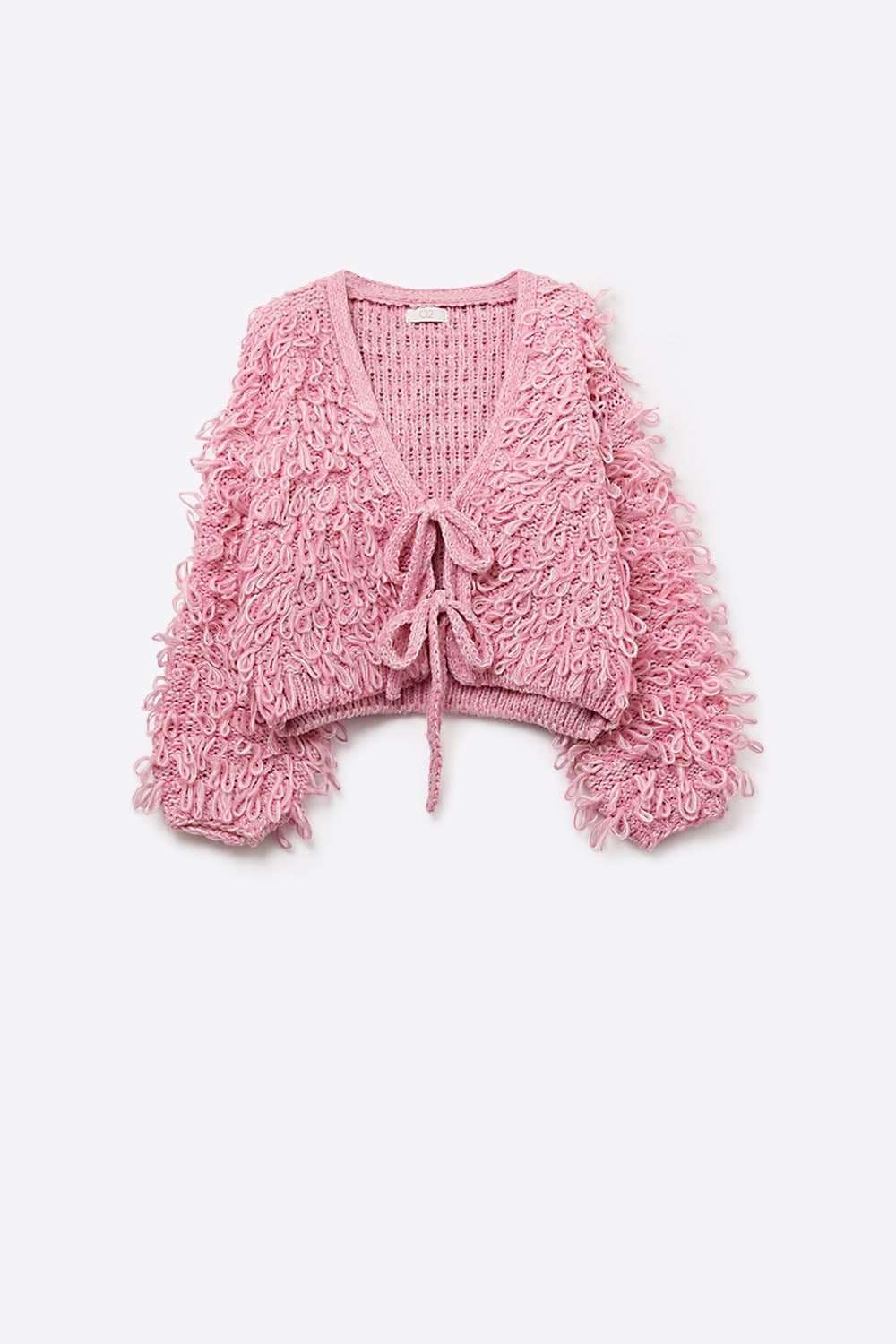 Q2 Cardigan cropped in maglia grossa rosa con scollo a V e chiusura frontale a cravatta