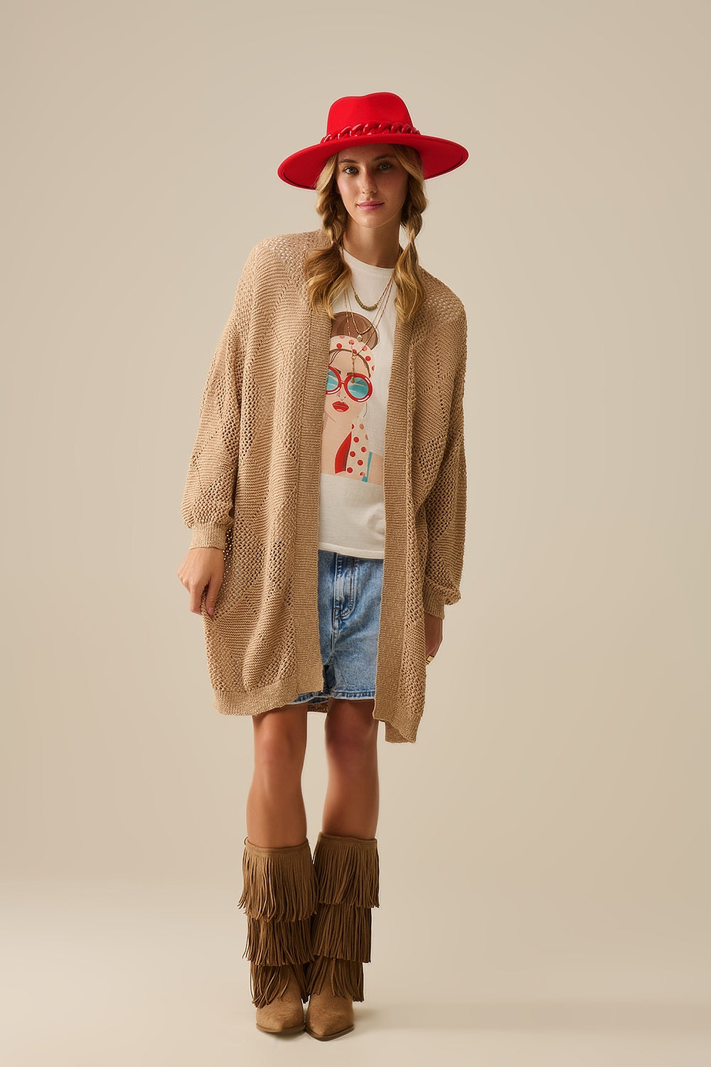 Q2 Cardigan drappeggiato color cammello con disegno all'uncinetto