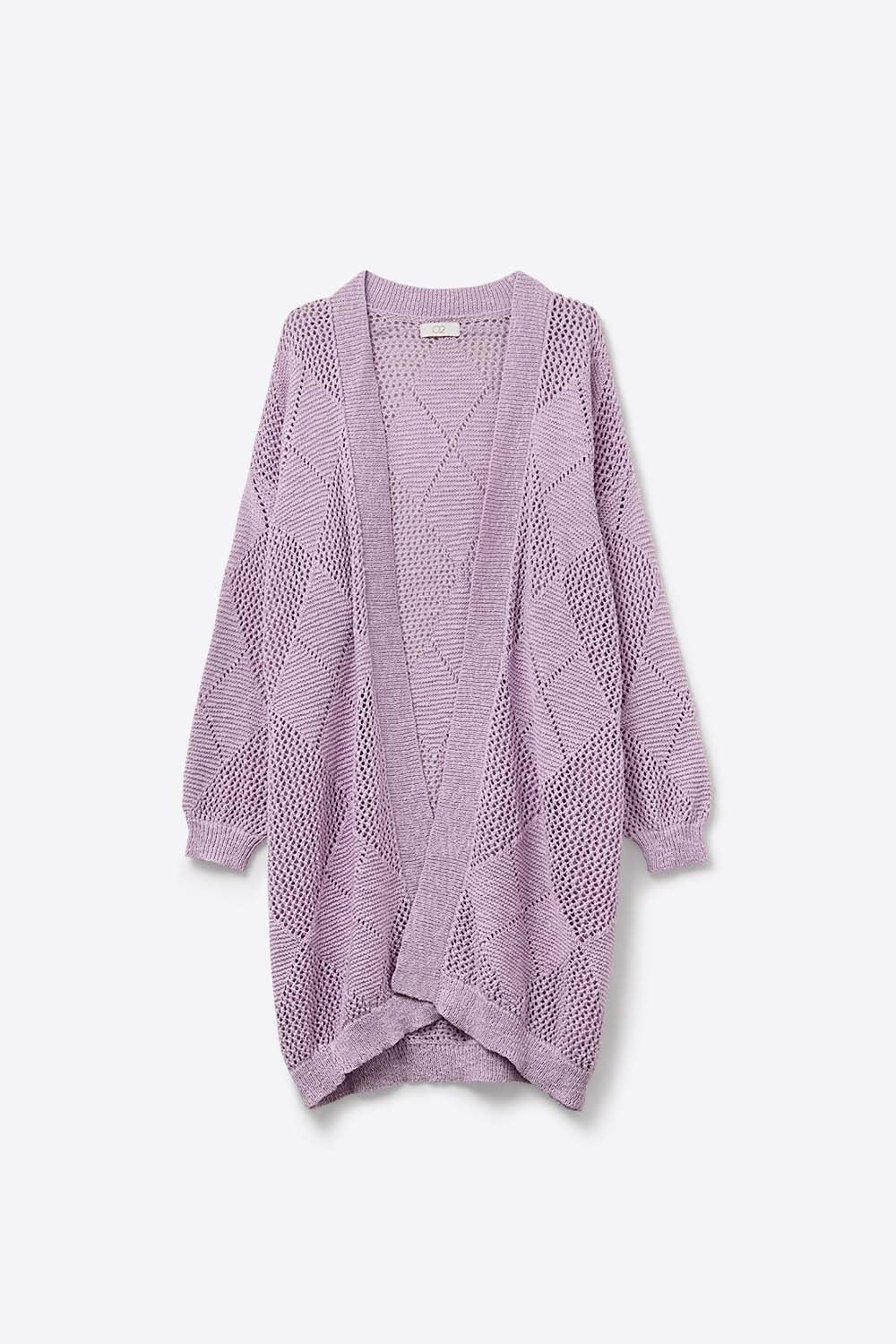 Q2 Cardigan drappeggiato color lavanda con disegno all'uncinetto