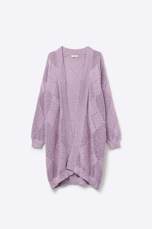 Q2 Cardigan drappeggiato color lavanda con disegno all'uncinetto
